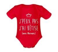 Spreadshirt J'Peux Pas J'Ai Bêtise Avec Parrain Body Bébé Bio Manches Courtes, 74 (6-9 mois), rouge