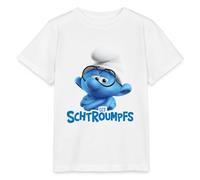 Spreadshirt Les Schtroumpfs Le Schtroumpf À Lunettes Logo T-Shirt Bio Enfant, 110/116 (5-6 Ans), Blanc