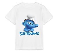 Spreadshirt Les Schtroumpfs Le Schtroumpf À Lunettes Logo T Shirt Enfant Bio, 110/116 (5-6 Ans), Blanc