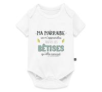 Spreadshirt Marraine Va M'Apprendre Toutes Les Bêtises Idée De Cadeau Body Manches Courtes Bébé Bio, 74 (6-9 mois), blanc