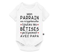Spreadshirt Parrain Va M'Apprendre Les Bêtises De Papa Annonce Grossesse Body Manches Courtes Bébé Bio, 68 (3-6 mois), blanc