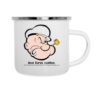 Spreadshirt Popeye But First Coffee Mug Camping Émaillée, taille unique, blanc