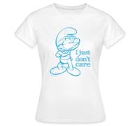 Spreadshirt Schtroumpfs Design avec Citation Je M'en Fous T Shirt Femme, S, Blanc