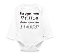 Spreadshirt Un Jour Mon Prince Viendra Père Le Fracassera Citation Body Bébé Bio Manches Longues, 68 (3-6 Mois), Blanc