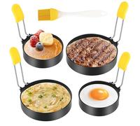 Sprifityy 4 Pcs Anneaux D'oeuf Antiadhésifs Anneaux D'oeufs Au Plat, Anneaux À Œufs En Acier Inoxydable, Avec Brosse Et Couvercle En Silicone Anti-Brûlure, pour La Cuisson Œuf Au Plat