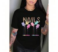 Spring And Summer Season, Women's Clothing, Letter And Nail Polish Print Round Neck T-Shirt, Casual Short Sleeve T-Shirt Versatile Basic T-Shirts,Relaxed Fit,Wardrobe Staple Tee L,M,S,XL,XXLFloral,gra