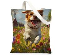 Spring Brittanys Sac fourre-tout en toile réutilisable pour faire du shopping, 33 x 38,1 cm, motif chiot de campagne, sac d'épicerie pour femme, motif floral, animal domestique, plage, esthétique