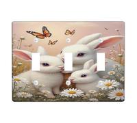 Spring Bunny Plaque de protection pour interrupteur, lapins blancs et papillons pour décoration d'intérieur, plaques murales thermoplastique, taille standard triple bascule