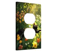 Spring Cat Plaque de couverture d'interrupteur, félin noir parmi fleurs florales pour décoration d'intérieur, plaque murale thermoplastique, prise duplex simple de taille standard