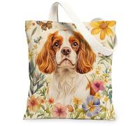 Spring Cavalier King Charles Spaniel Sac fourre-tout en toile pour le shopping 33 x 38,1 cm, sac d'épicerie réutilisable pour femme, motif chien, décoration cadeau
