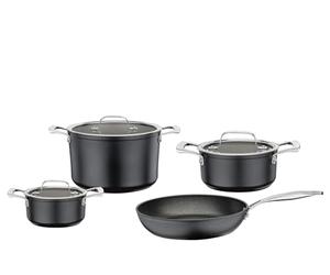Spring MERIDIAN INTENSE PRO Lot de 4 casseroles en aluminium 100% recyclé, poignées en acier inoxydable, revêtement anti-adhésif triple couche, compatible avec plaques à induction, avec couvercles en
