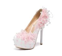 Spring New Wedding Party Chaussures Sweet en Dentelle Fleurs Pearl Dames Minces Talons Hauts Stiletto Grande Taille de Plate-Forme pour Femmes