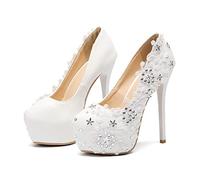 Spring New Wedding Party Chaussures Sweet en Dentelle Fleurs Pearl Dames Minces Talons Hauts Stiletto Grande Taille de Plate-Forme pour Femmes