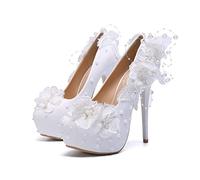 Spring New Wedding Party Chaussures Sweet en Dentelle Fleurs Pearl Dames Minces Talons Hauts Stiletto Grande Taille de Plate-Forme pour Femmes