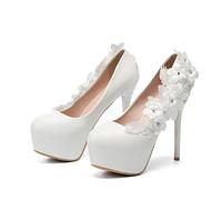 Spring New Wedding Party Chaussures Sweet en Dentelle Fleurs Pearl Dames Minces Talons Hauts Stiletto Grande Taille de Plate-Forme pour Femmes