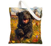 Spring NewFoundland Sac fourre-tout en toile réutilisable pour faire du shopping, 33 x 38,1 cm, motif chiot de campagne pour femme, motif floral, animal domestique, plage, esthétique, peinture, cadeau