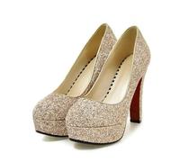 Spring Pattern Fashion Round Head Temperament High-Heeled Women Shoes Golden Silvery Sequins Banquet Marry(Color 4,37)