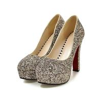 Spring Pattern Fashion Round Head Temperament High-Heeled Women Shoes Golden Silvery Sequins Banquet Marry(Color 1,37)