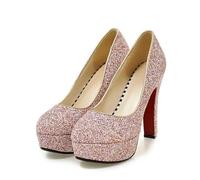 Spring Pattern Fashion Round Head Temperament High-Heeled Women Shoes Golden Silvery Sequins Banquet Marry(Color 13,37)