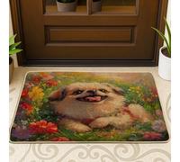Spring Pekingese Paillasson noir pour entrée extérieure intérieure 73,6 x 43,2 cm Motif fleurs colorées Tapis antidérapant pour petit animal domestique