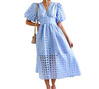 Spring Summer Fashion Solid Color Lantern Sleeve Dress Casual Party Short Sleeve V-Neck High Waist Dress Women