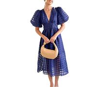 Spring Summer Fashion Solid Color Lantern Sleeve Dress Casual Party Short Sleeve V-Neck High Waist Dress Women