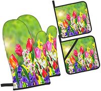 Spring Summer Fleurs Jonquilles et Tulipes Gants de Four et Maniques Ensemble de Cuisine, 4 Pcs Gants de Cuisine Résistants à la Chaleur Coussinets Chauds pour Barbecue Cuisson Grillades