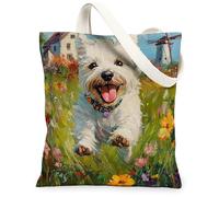 Spring Westie Sac fourre-tout en toile réutilisable pour faire du shopping, 33 x 38,1 cm, motif chiot de campagne, sac d'épicerie pour femme, motif floral, animal domestique, plage, esthétique