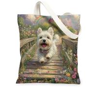 Spring Westie Sac fourre-tout en toile réutilisable pour faire du shopping 33 x 38,1 cm, sac d'épicerie réutilisable pour femme, motif floral, plage, esthétique, décoration cadeau