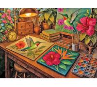 Springbok Puzzle artistique de 1000 pièces pour adultes - Colibri et hibiscus présentant un studio confortable avec des peintures de colibris