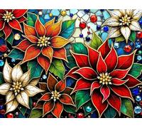 Springbok Vitrage Poinsettias Puzzle de 1000 pièces pour adultes - Poinsettias colorés en vitrail Bienvenue aux vacances d'hiver
