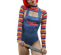 Springcmy Costume d'Halloween 2 pièces pour femme - Poupée tueuse de cauchemar effrayante - Robe de personnage de film - Costume de poupée Chucky (B-bleu, taille L)