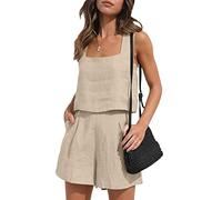 Springcmy Ensemble 2 pièces pour femme - Shorts et débardeur sans manches avec poches élastiques - Pour l'été, la plage et les loisirs - Style Y2K - Streetwear, a-kaki, L