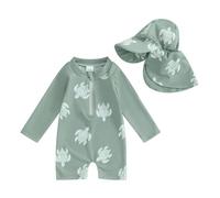 Springcmy Ensemble de bain pour tout-petit garçon une pièce à manches longues avec protection solaire et fermeture éclair, avec chapeau - Costume de bain, tenue de plage, combinaison de bain, Vert