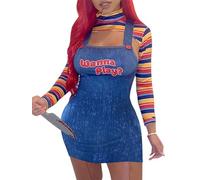 Springcmy Femme 2Pcs Costumes d'Halloween Cosplay Effrayants Déguisement de Scream, Cauchemar Mortel, Poupée de Sang, Veux-tu Jouer, Robe Chucky Ensemble de Costume, B2-bleu., S