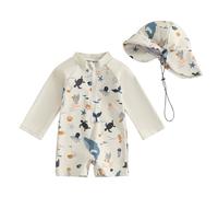 Springcmy Maillot de bain pour bébé garçon, une pièce à manches longues avec zip, protège des éruptions cutanées, avec casquette solaire pour la plage, 6-12 Months