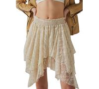 Springcmy Mini jupes d'été en dentelle pour femme, élastique, asymétrique, ourlet superposé, sexy, trapèze, fluide, plage, jupes florales, C-ivoire, 36