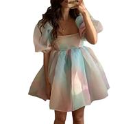 Springcmy Mini robe d'été en tulle à manches bouffantes et col carré pour femme - Robe d'été à volants en maille fluide, multicolore, L