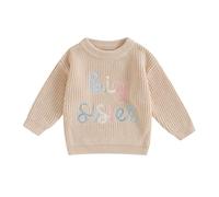 Springcmy Pull tricoté pour tout-petits et bébés filles avec fleurs, sœurs grandes/petites brodées, manches longues, pull d'hiver, 2-3 ans