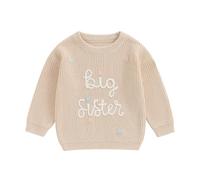 Springcmy Pull tricoté pour tout-petits et bébés filles avec fleurs, sœurs grandes/petites brodées, manches longues, pull d'hiver, 3 ans