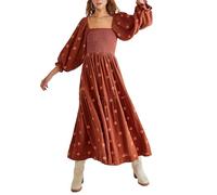 Springcmy Robe longue brodée de fleurs pour femme - Manches bouffantes - Col carré - Smocks - Volants - Bohème - Fluide - Robe de plage - Robe d'été, C-dirty orange, L