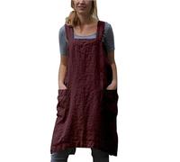 Springcmy Tablier de cuisine sans manches, en coton et lin de couleur unie avec bandage croisé dans le dos (rouge vin, taille XXL)
