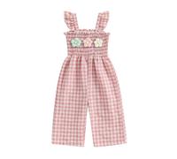 Springcmy Tenue d'été pour bébé fille à volants sans manches à fleurs smockées barboteuse combinaison porte-jarretelles vêtements, C rose., 6 mois