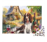 Springer Spaniel Carton Springer Spaniel avec Un Verre à vin près du Cottage Puzzle Premium Jeu Familial Convivial 38x26cm/1000 pièces