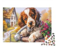 Springer Spaniel Papier épais Springer Spaniel avec Un Vieux téléphone sur Une Table Lot de Puzzles Activité familiale Cadeau de Noël 52x38cm/1000 pièces