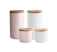 SPRINGLANE Conteneurs de stockage en céramique avec couvercles en bois Sweet Scandi, couvercles en bois d'hévéa, conteneurs de stockage (Rose et Blanc, Set 4 pièces)