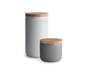 SPRINGLANE Conteneurs de stockage en céramique avec rayures de couvercle en bois, couvercles en bois d'hévéa, conteneurs de stockage (1x Gris Clair 1x Gris Foncé, 400 ml à 1 litre)