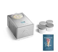 SPRINGLANE Emma Machine à glace 1,5 l avec compresseur auto-refroidissant 150 W, en acier inoxydable avec bac à glace amovible, livret de recettes inclus (argent, Emma argent + 4 porte-glace mini 400