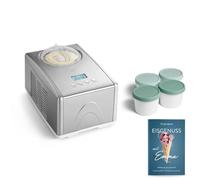 Springlane Emma Sorbetière 1,5 l avec compresseur auto-refroidissant 150 W, en acier inoxydable, avec bac à glace amovible, livret de recettes (argent, Emma Silver + 4 mini bacs à glace 400 ml menthe)