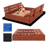 Bac à sable en bois écrasé - 100 x 100 cm - Pliable - Avec bancs - En bois écologique - Certificat CE - Avec non-tissé et bâche Springos